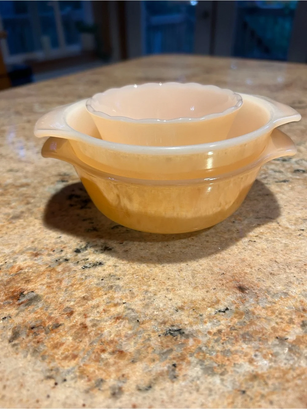Fire King #472 Peach Lustre Set of 2 12oz Round Casserole + (1) 6oz Custard Cup